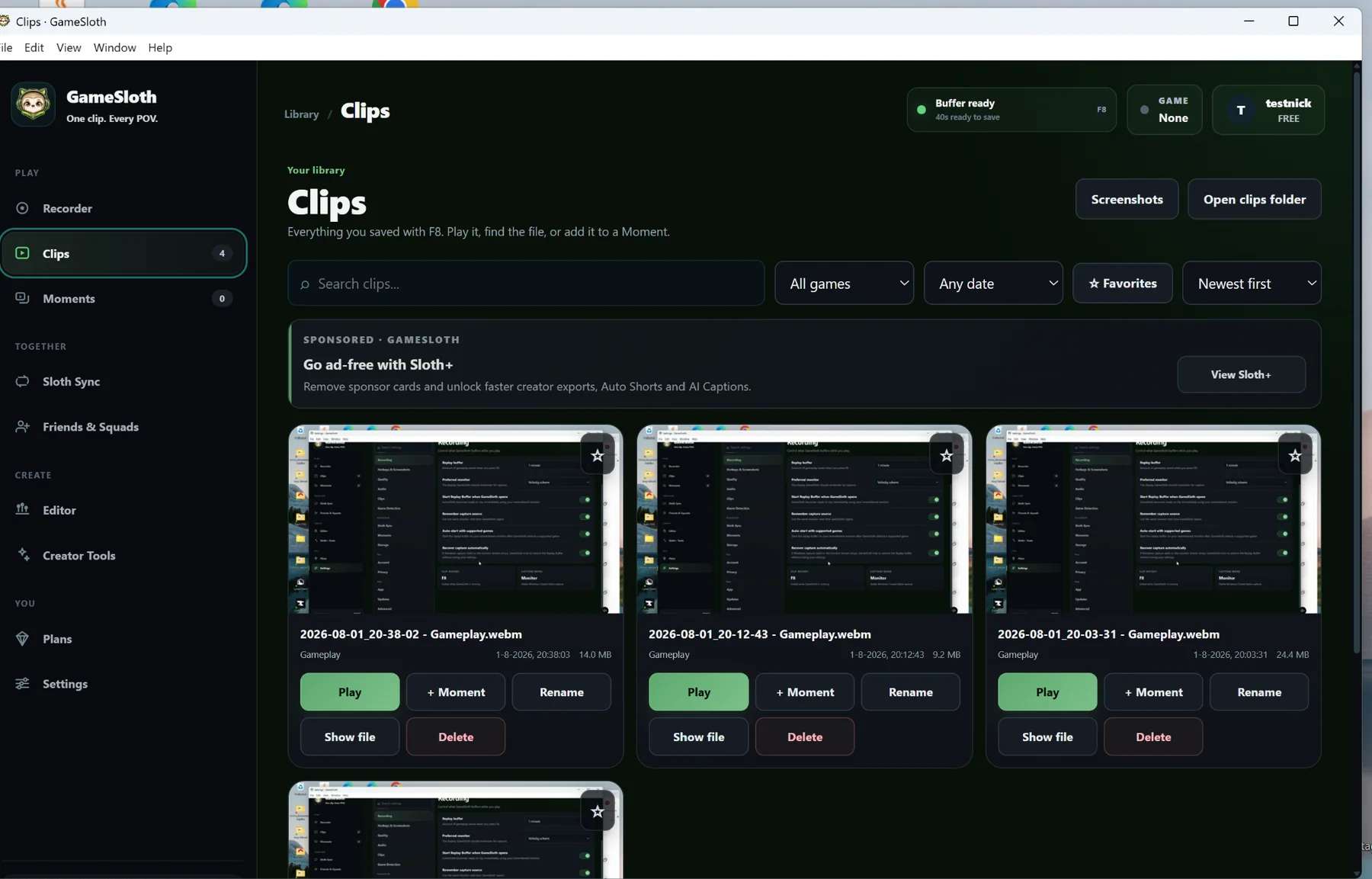 GameSloth Clips screen showing saved gameplay clips