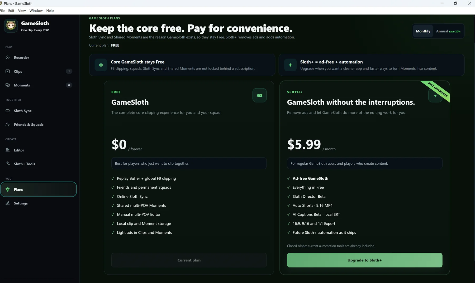 GameSloth pricing and plans screen