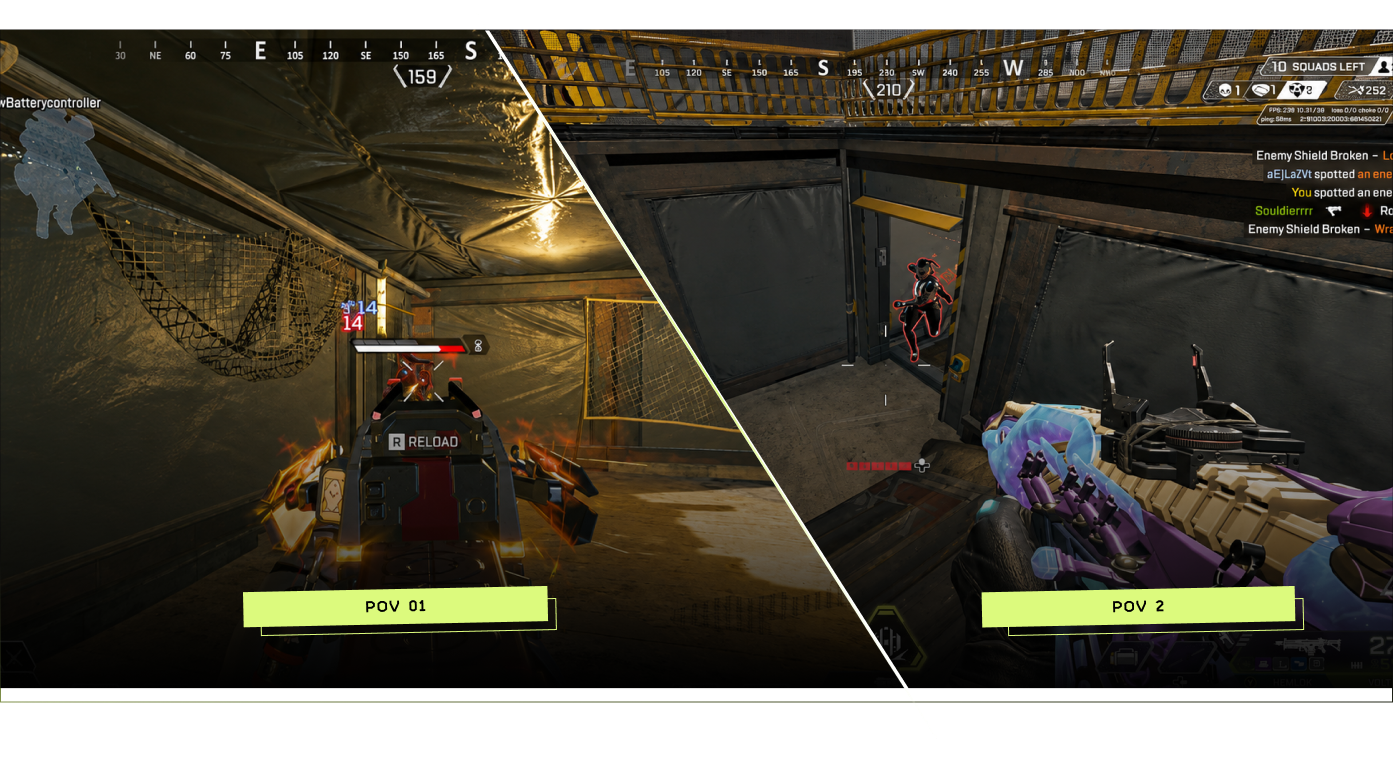 Two synchronized perspectives of the same Apex Legends fight